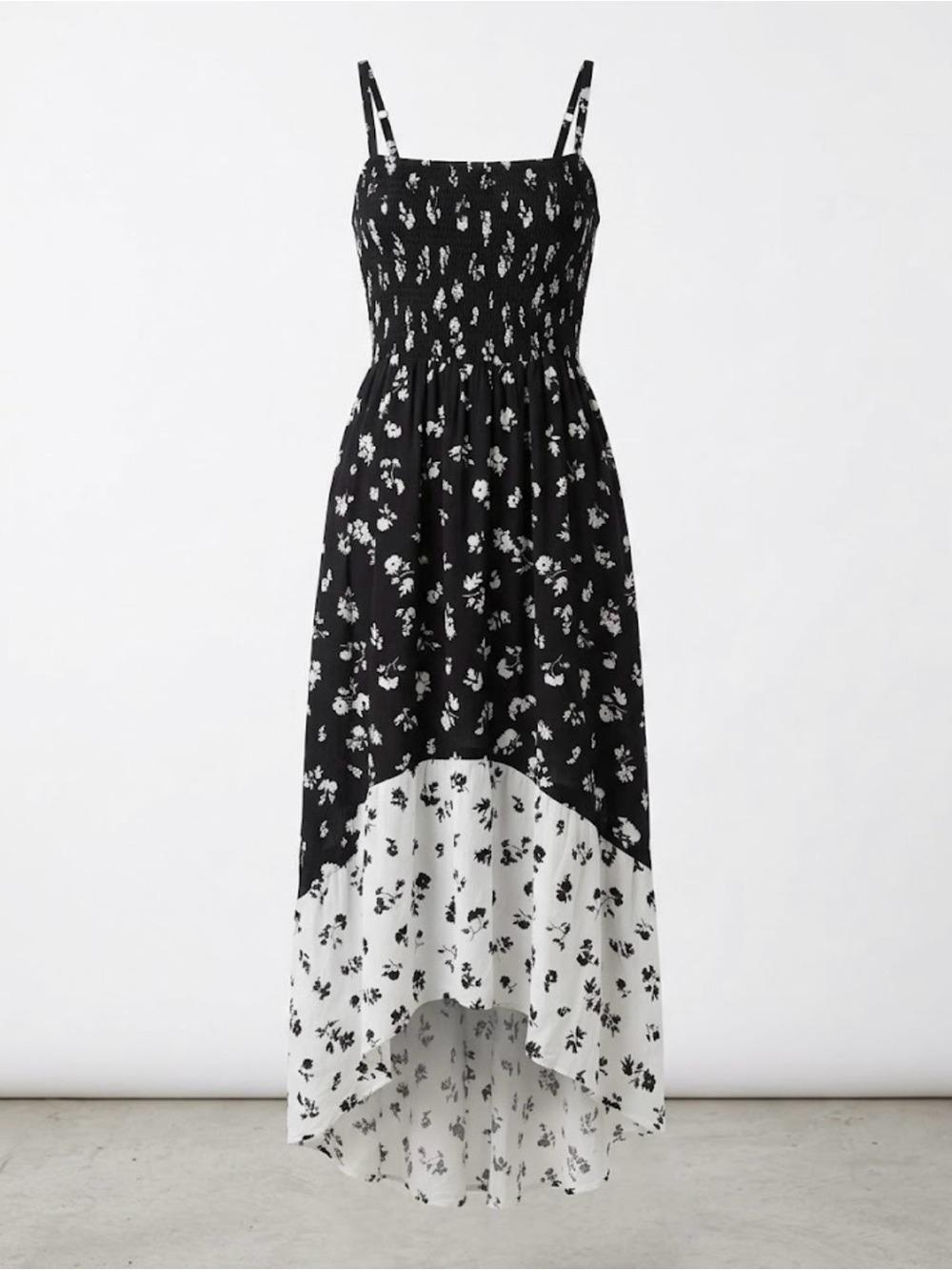 Laundry by Shelli Segal Black White Floral Smocked High Low Sundress Size 8